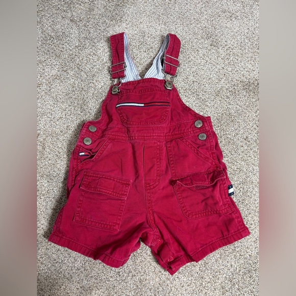 Vintage Tommy Hilfiger Red Denim Overalls Baby 12-18 Months 1999 - Picture 1 of 9
